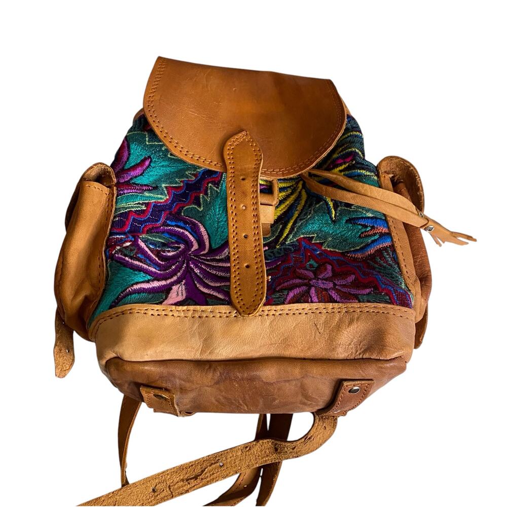 Handmade Boho Genuine Leather Mini Backpack w Floral Embroidery Details Festival - Picture 7 of 13